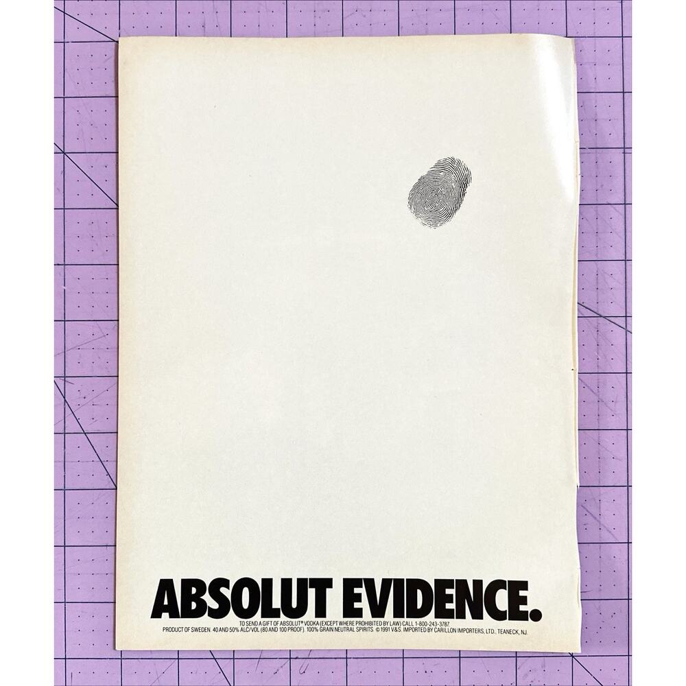 Absolut Vodka 1991 Magazine Advertisement Ad ABSOLUT EVIDENCE